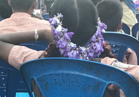 フェスティバル会場にいた学生さん。うす紫の花が黒髪に映えて綺麗。