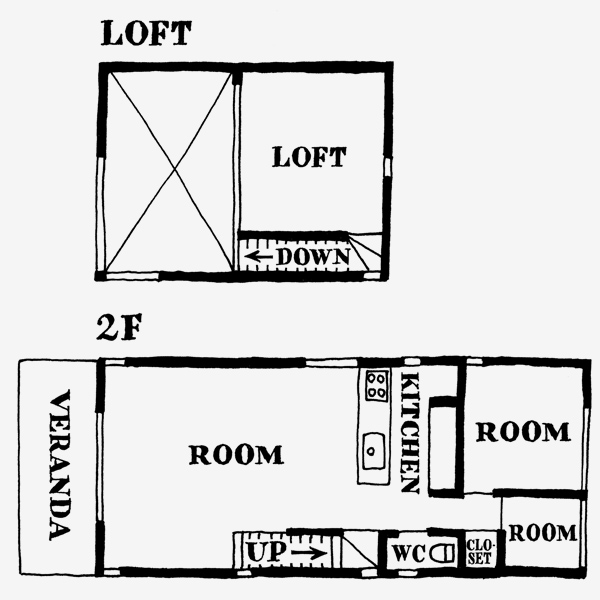 屋根裏のある一軒家。1階には寝室があり、衣類はここにまとめて収納。2階のキッチン奥は子ども部屋に。