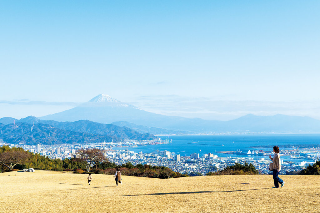 テラス前の庭園からは清水港とその向こうにそびえ立つ富士山を一望できる。