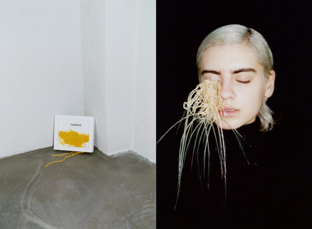 アートブック『THERIACA Yarn, Rope, Spaghetti』より「Yellow Sweater Mini」（左）、「Hair Knitting」（右）photo：Jiuk Kim