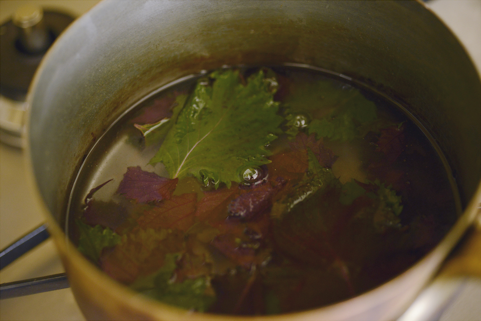 1.	鍋に水、粉寒天を入れてよくかき混ぜる。グラニュー糖も加えよく混ぜ、赤紫蘇の葉とアニスパウダーも入れて中弱火にかける。
