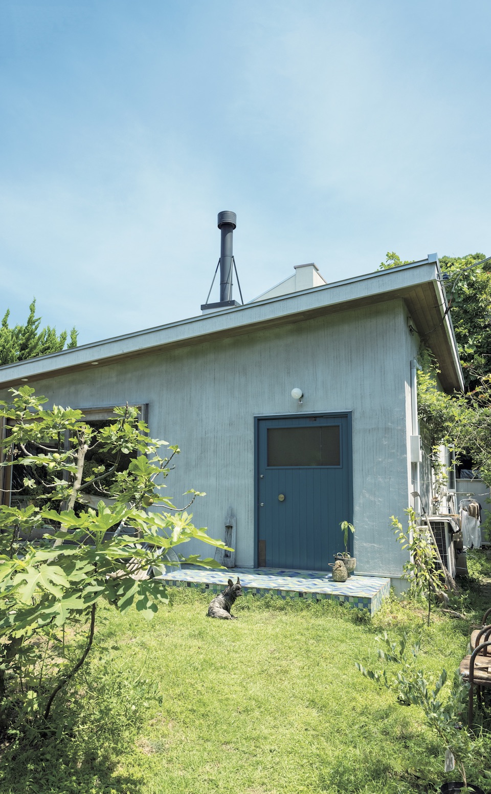 建築デザイナー井手しのぶさんがたどり着いた7 軒目の住まい。建築デザイナー井手しのぶさんが自ら設計した7 軒目となる現在の住まい。 片流れ屋根の平屋は1LDKというコンパクトさ。中央は愛犬の小太郎。