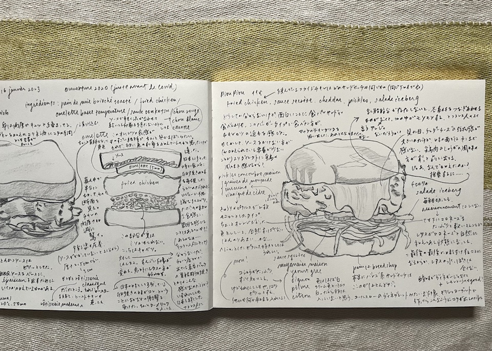 具材を分析した精巧なスケッチを毎回ご紹介。今回は、フライドチキンが主役のサンドイッチです。 川村明子 サンドイッチ
