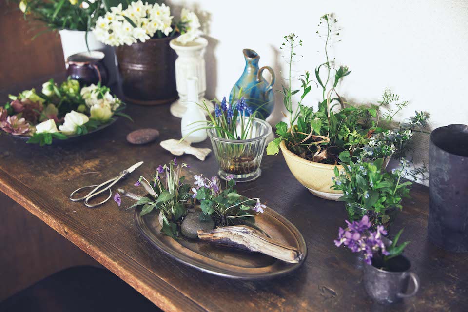 ダイニングの小さなテーブルは椿野さんのアトリエでもある。皿には3 種類のスミレ。「気に入った石や木を置くだけで、自然の中に咲いている様子を表現できます。風景をつくるイメージで」