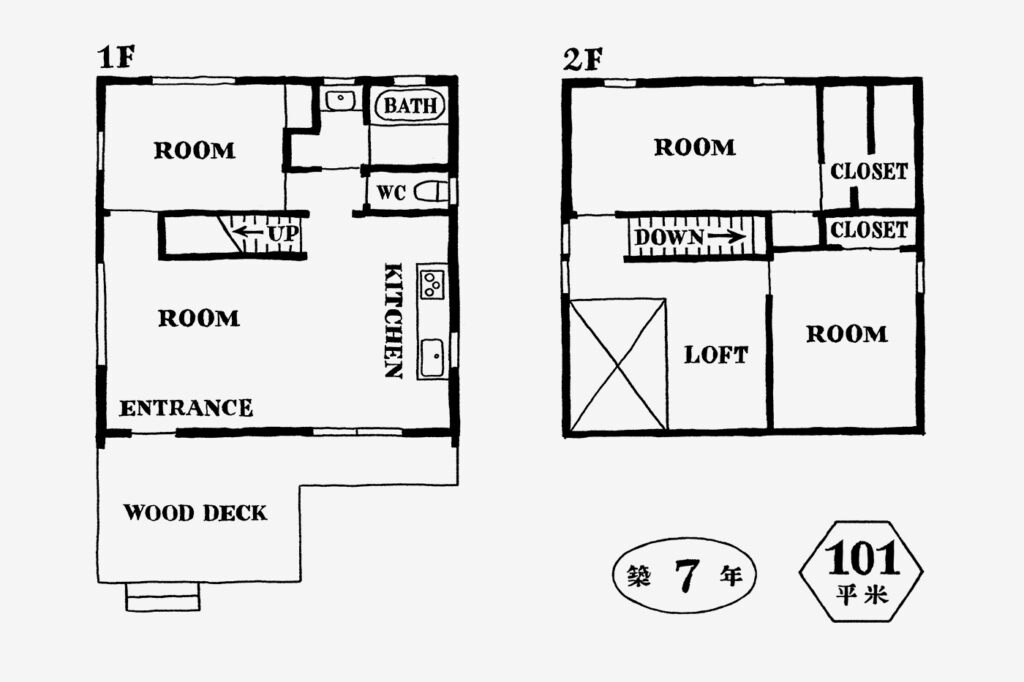 1階は土間リビング、ダイニングキッチンと作業室、2階は寝室と書斎を設けた3LDK。薪ストーブの上あたりは吹き抜けに。