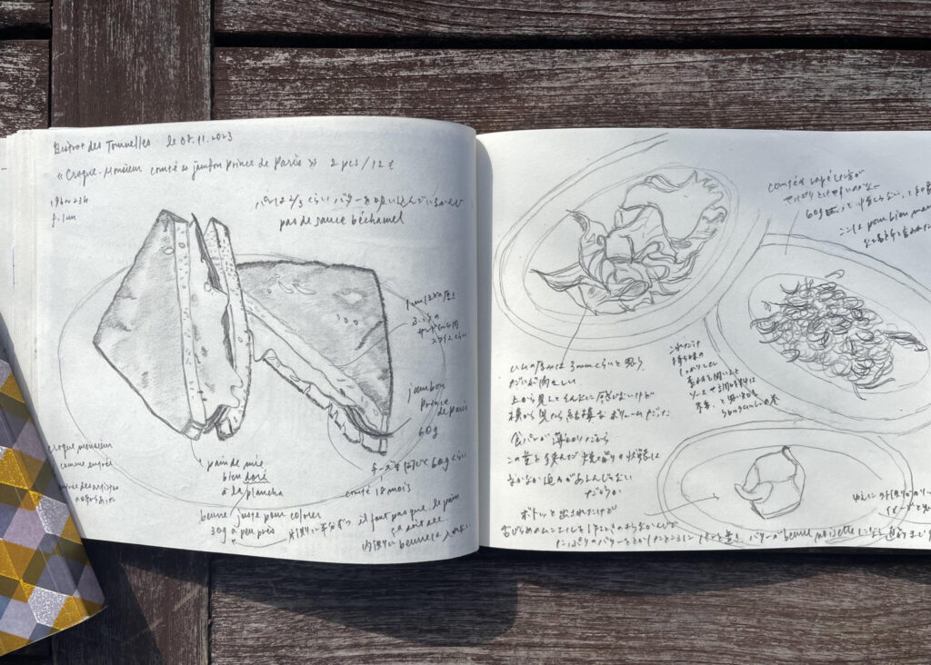 具材を分析した精巧なスケッチを毎回ご紹介。今回描かれたクロック・ムッシュは、目に見える材料が、ハムとチーズに食パン、と至極シンプル。川村明子 サンドイッチ