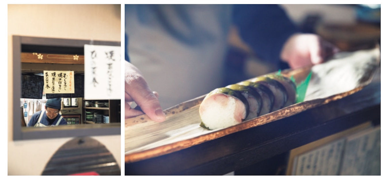 左／本店で仕込んだものを届ける。右／『大善 お土産店』では通常、鯖寿司3 切れ￥1,650の販売。竹皮に包んだ5 切れ￥2,750は事前予約を。