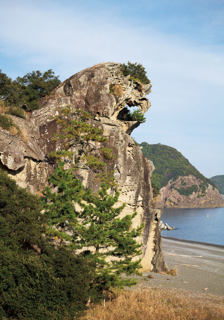 七里御浜に面して吠える獅子のような姿の『獅子岩』（熊野市井戸町 国道42号沿い）。