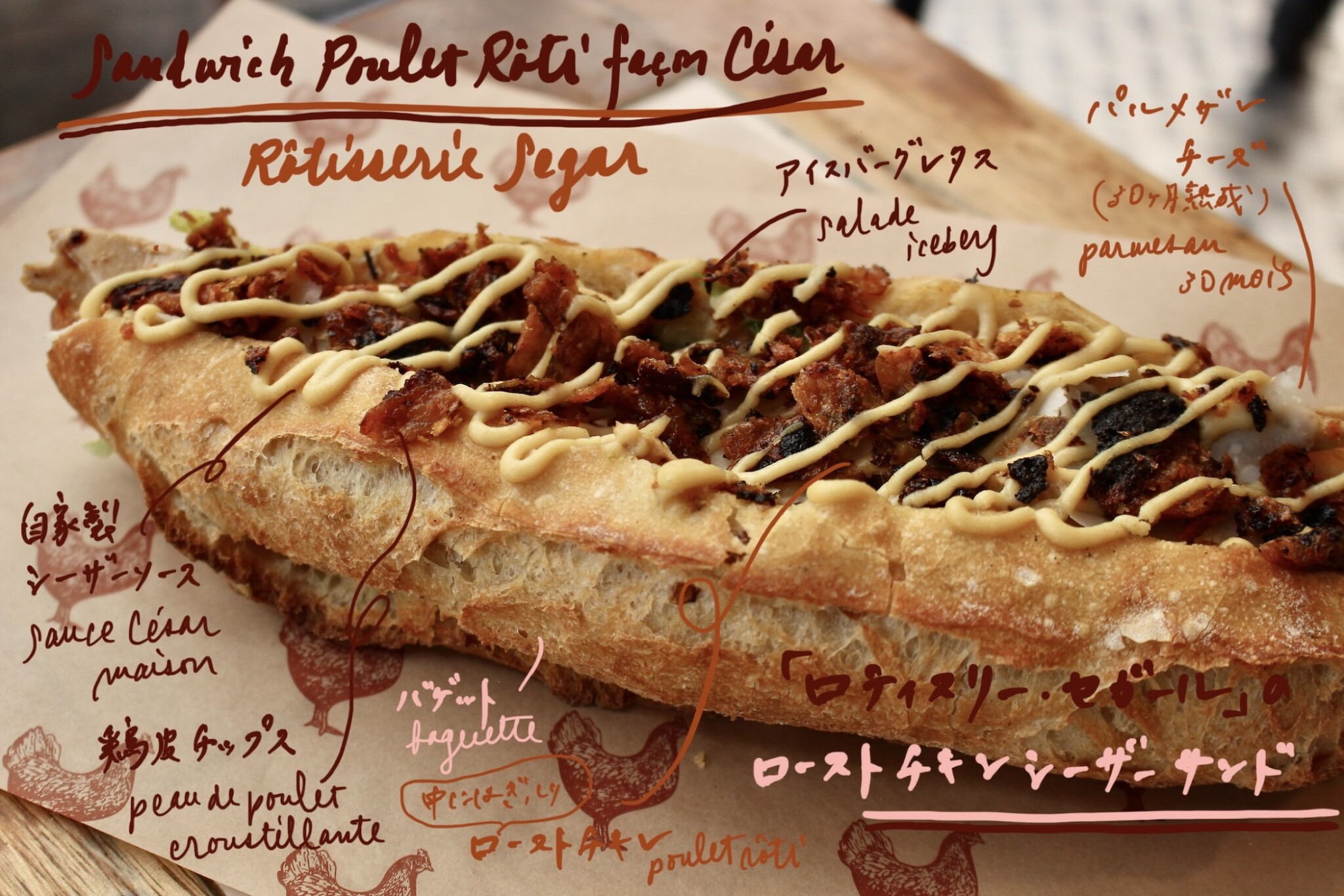 ローストチキンサンド 鶏皮チップスが散りばめられた、パリのローストチキンサンド。 | 真似