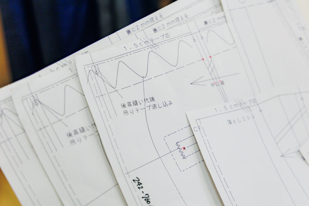 型紙。これに印をつけて裁断していく。パタンナーは社内と退社した社外スタッフの3人がいる。