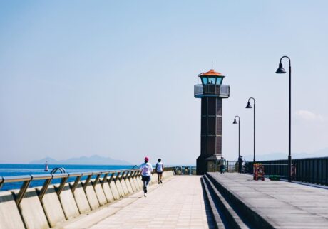 高松港から海へのびる防波堤。その先端に赤いガラス灯台があり、せとしるべの愛称で呼ばれている。谷さんの散歩道。