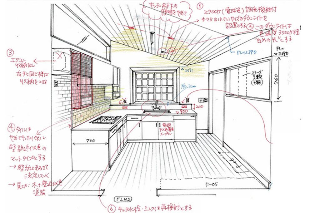 建築家の方が描いてくれたキッチンのパース。数々の修正指示を読み返すと、まだ建たぬ家を必死に想像していた当時が思い出されて、「オレ、よく頑張ったな」ってしんみりします。うるさい施主だったことを建築家に謝りたい。