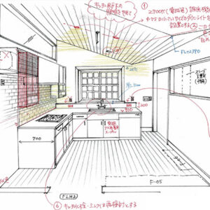 建築家の方が描いてくれたキッチンのパース。数々の修正指示を読み返すと、まだ建たぬ家を必死に想像していた当時が思い出されて、「オレ、よく頑張ったな」ってしんみりします。うるさい施主だったことを建築家に謝りたい。