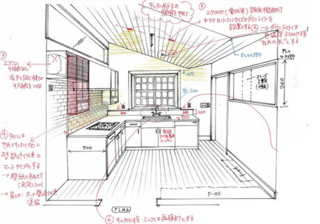 建築家の方が描いてくれたキッチンのパース。数々の修正指示を読み返すと、まだ建たぬ家を必死に想像していた当時が思い出されて、「オレ、よく頑張ったな」ってしんみりします。うるさい施主だったことを建築家に謝りたい。