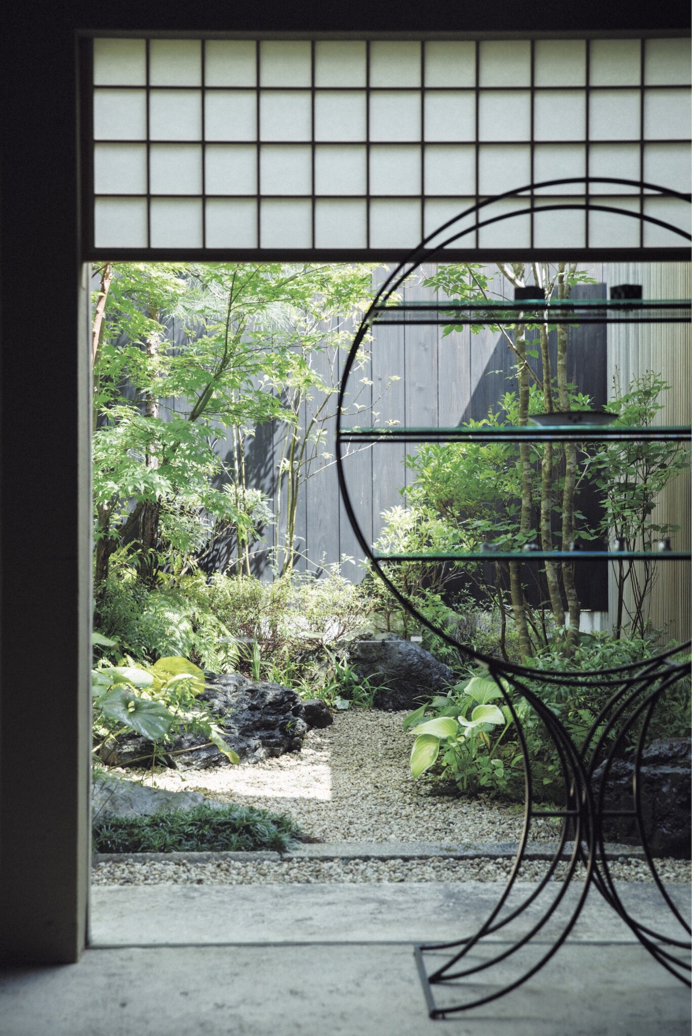 多様な緑を庭石が引き締める『となりの村田』の庭。ひみつの坪庭