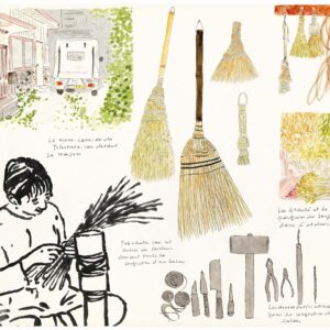 〈綯屋 −naiya−〉の屋号で箒を作る横畠梨絵さん。あぐらをかきながら糸を編み込む姿も美しい。工房として使う自宅のそばには、軽トラックが。乾燥したホウキモロコシはアトリエに色彩を与え、甘い香りを漂わせる。綿糸、道具、珈琲ミル箒、半手箒眼鏡型などが並ぶ。