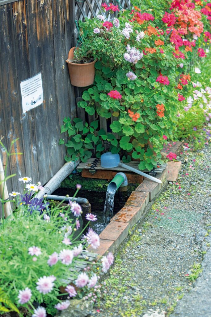 滋賀・奥琵琶湖で聖なる水辺を歩く旅。前編 | 個人宅の脇に設えられた水場。誰でも使えるよう、いつも清潔に保たれ、花が植えられている。