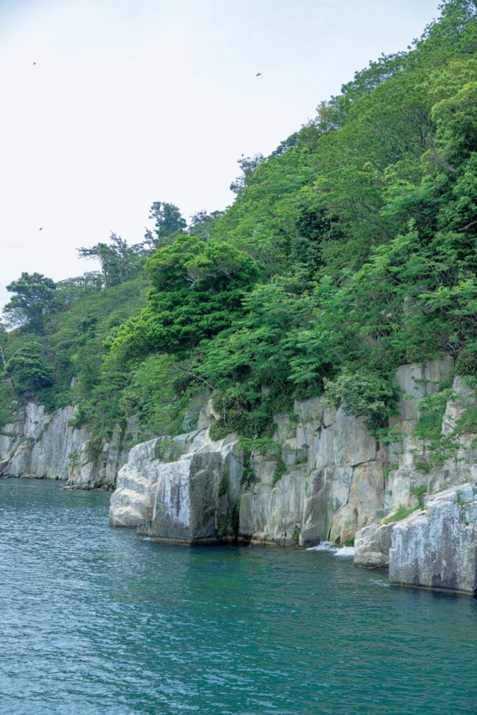 滋賀・奥琵琶湖で聖なる水辺を歩く旅。前編 | 着岸直前の船上から見た竹生島。一枚岩の花崗岩でできている島だ。