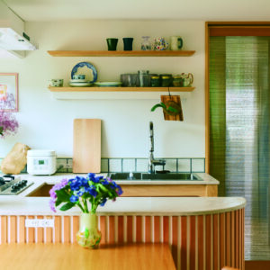 立原道造の「ヒヤシンスハウス」を再解釈。自然と繋がる、小さな平屋。 | キッチンの腰壁にストライプ状に張った、ヘムロック材がアクセントに。