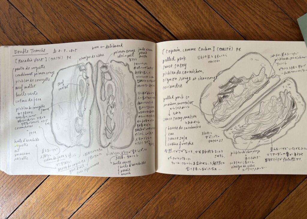 毎回恒例、川村さんによる繊細なスケッチからスタートです。今回は、絶品のグリルドサンドを2品紹介します! 毎回恒例、川村さんによる繊細なスケッチからスタートです。今回は、絶品のグリルドサンドを2品紹介します!