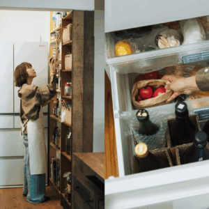 「2018年から使っている」という冷蔵庫は、レイアウトや機能を上手に活用。「下段の野菜室には瓶ものがきれいに収まります」と柚木さん。 「2018年から使っている」という冷蔵庫は、レイアウトや機能を上手に活用。「下段の野菜室には瓶ものがきれいに収まります」と柚木さん。