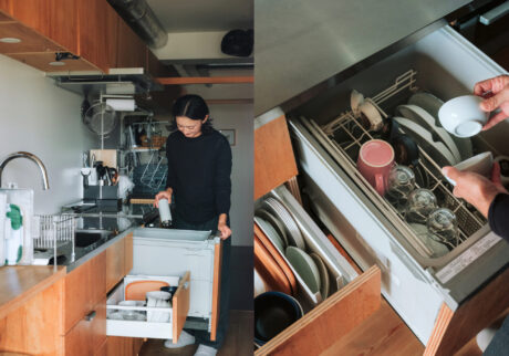 2020年にリノベーションした、マンションの一室に暮らす本多さおりさん。食洗機から取り出した食器は隣の引き出しにすぐしまえて、収納動線が完璧。