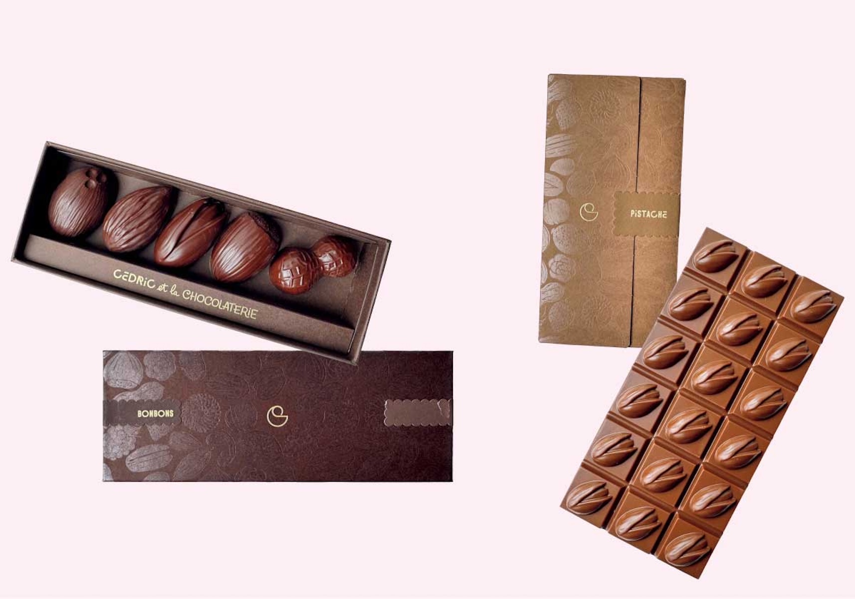 【とっておきのパリみやげ】 | 左から、ボンボン（ダークチョコレート） 5個入り18€、ピスタチオ入り板チョコ（ミルク）16€。