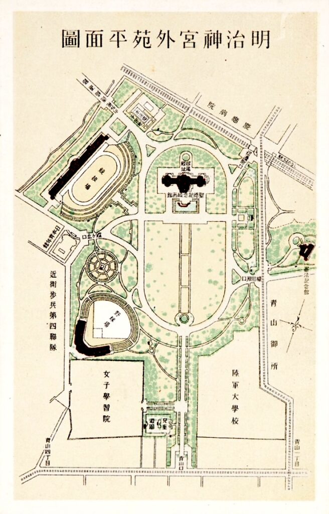 竣工時の明治神宮外苑の平面図。※絵葉書、筆者所蔵