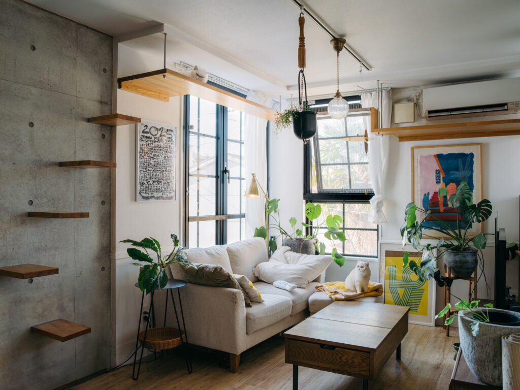 猫と共生する専用マンションに住む松山真衣さんの部屋。コンパクトな空間にキャットウォークや天井まで延びるキャットステップが備わっている。