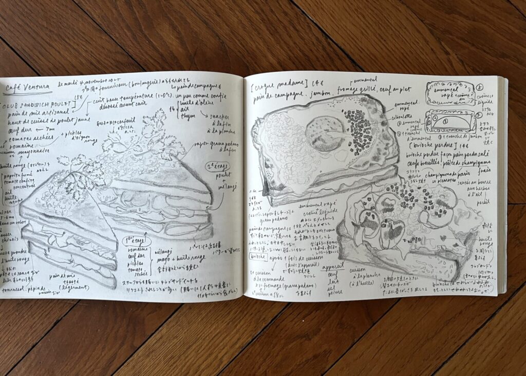 川村さん直筆のスケッチからスタート。何やらおいしそうな目玉焼きが載っていますね。カフェ・ヴァンチュラ 川村明子 サンドイッチ | 川村さん直筆のスケッチからスタート。何やらおいしそうな目玉焼きが載っています。 川村さん直筆のスケッチからスタート。何やらおいしそうな目玉焼きが載っていますね。カフェ・ヴァンチュラ 川村明子 サンドイッチ
