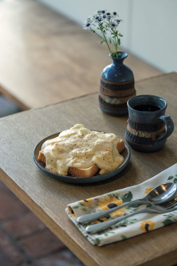 東京・池ノ上のブランチの専門店『ロジーン』で、アメリカの朝の味を楽しむ。トーストの上には、ゆで卵とモッツァレラチーズ入りのホワイトソースがたっぷり。仕上げは胡椒をピリッときかせて。このエッググープ、店主姉弟が、子どもと音楽が大好きなグランマから受け継いだレシピからの朝食メニュー。カンザスの食卓そのままの素朴さが魅力だ。他にアメリカではおやつによく食べるという、チェダーチーズがこぼれるグリルドチーズとトマトスープもこの店の人気メニュー。家族の愛に溢れた空間で、その一員になったような温かさを感じられるはず。