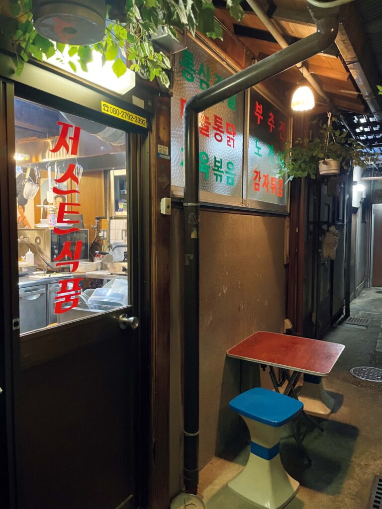 1.路地奥に突然現れる 『ジャスト食品』。 夕食選びにも重宝する、京都さんぽ部部長の酒場ガイド。 | ビニール手袋でかぶりつく半羽からあげ・1600円、瓶ビール・TERRA600円。 1.路地奥に突然現れる 『ジャスト食品』。 夕食選びにも重宝する、京都さんぽ部部長の酒場ガイド。 | ビニール手袋でかぶりつく半羽からあげ・1600円、瓶ビール・TERRA600円。