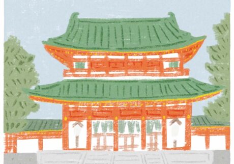 朱塗りの神宮と新旧の名物めぐり。平安神宮に行くなら、立ち寄りたい2軒。 | 平安神宮　平安遷都1100年を記念して、明治28（1895）年に創建。社殿は平安京の正庁、朝堂院を8分の5の規模で再現したもの。社殿を取り囲むように4つの庭からなる神苑は近代の名作庭家、7代目小川治兵衛によるもの。春のしだれ桜、夏の杜若や花菖蒲、秋の紅葉と、折々の景色が美しい。▷京都市左京区岡崎西天王町97 ☎075‒761‒0221 6:00～18:00 神苑8:30～17:30（季節により異なる） 無休 拝観料無料 神苑￥600