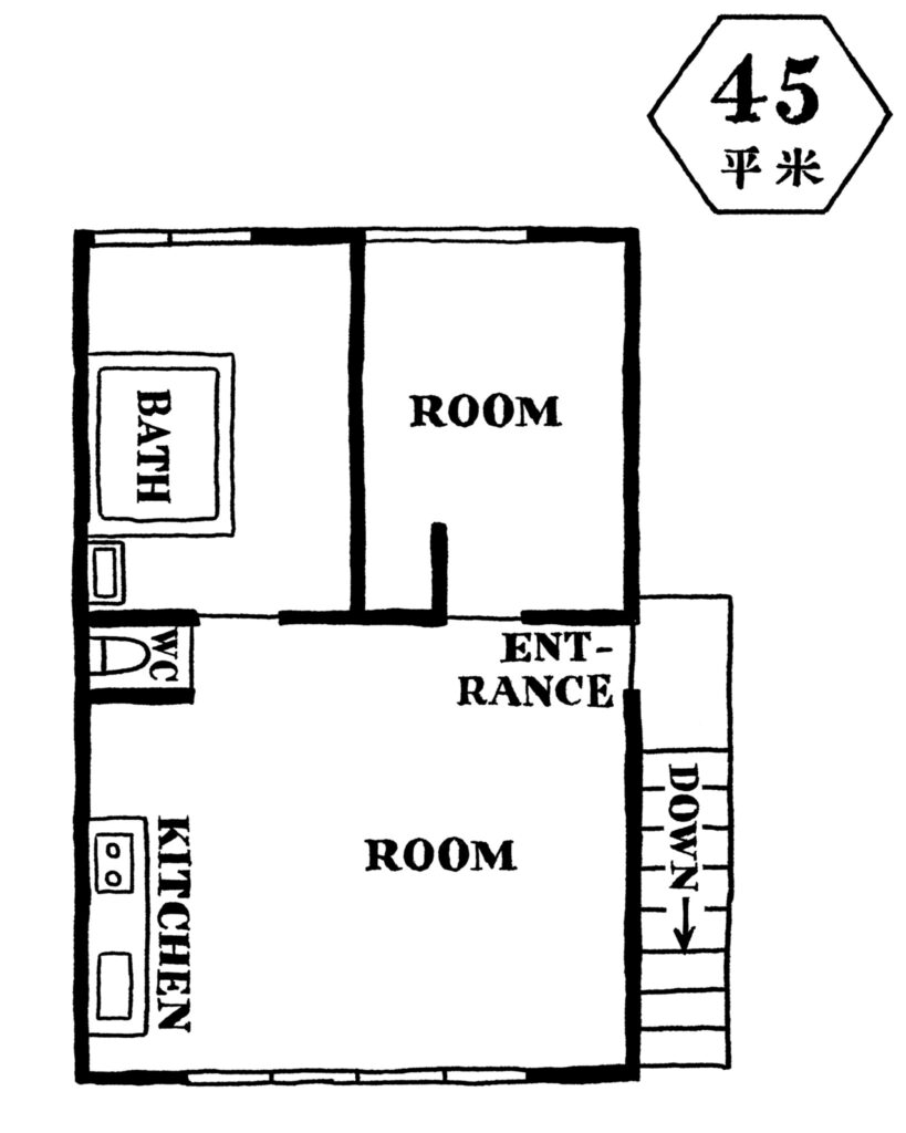 築100年以上の町家を改装。作れるものは自分の手で。玄関のドアを開けるとリビングルームが。もうひとつの部屋は寝室。バスルーム空間の壁際にDIYでクローゼットをしつらえた。