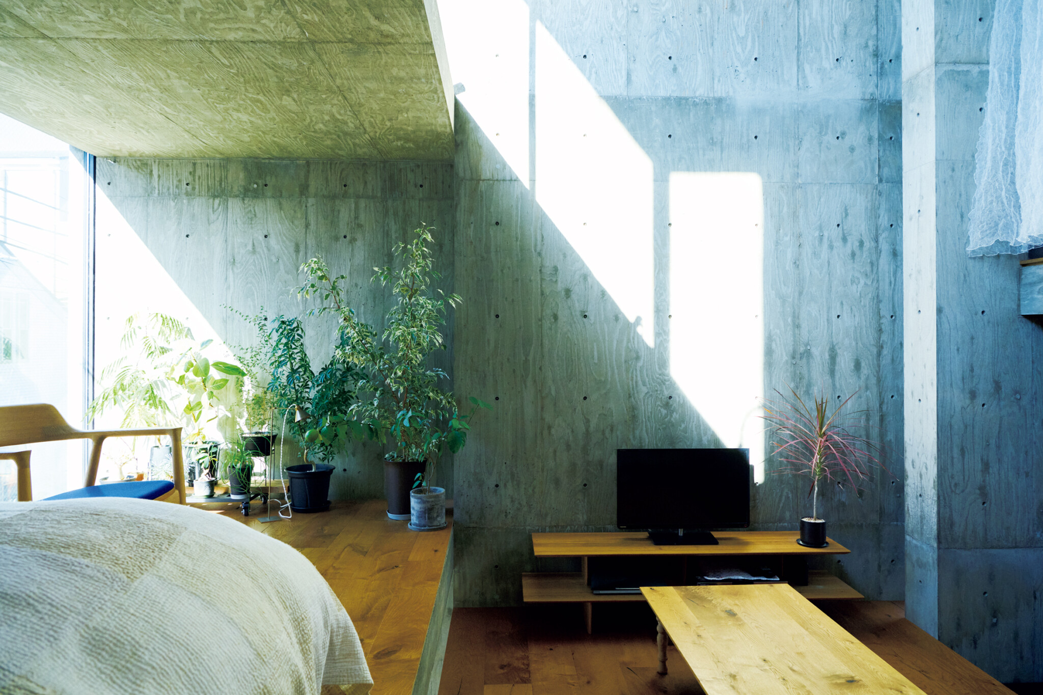 躯体の中の4層構造に暮らす。中2階は日光が差し込む夫婦の寝室兼リビング。 | 中2階は日光が差し込む夫婦の寝室兼リビング。 躯体の中の4層構造に暮らす。中2階は日光が差し込む夫婦の寝室兼リビング。 | 中2階は日光が差し込む夫婦の寝室兼リビング。