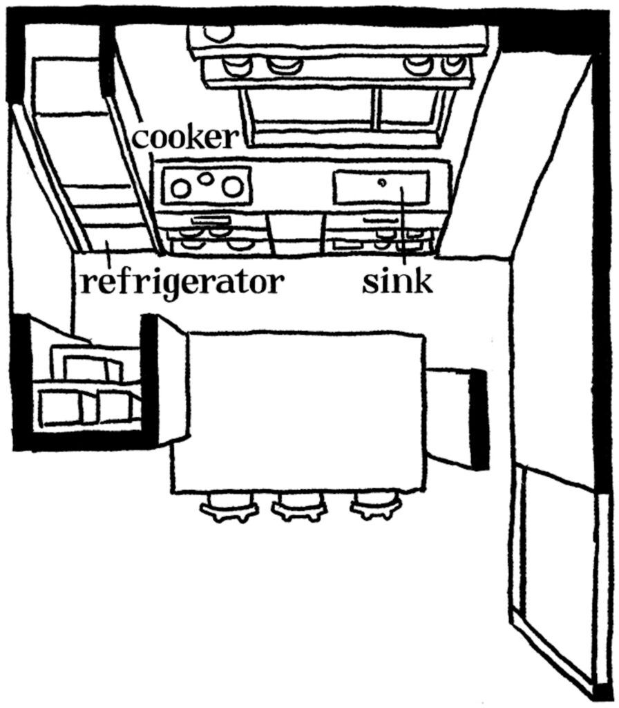 森をのぞむ台所。移ろう景色が家事の支えに。台所と食卓が近接して料理する人を孤立させない間取り。正面からは見えないスペースに冷蔵庫とパントリーが設置されている。 | 台所と食卓が近接して料理する人を孤立させない間取り。正面からは見えないスペースに冷蔵庫とパントリーが設置されている。 森をのぞむ台所。移ろう景色が家事の支えに。台所と食卓が近接して料理する人を孤立させない間取り。正面からは見えないスペースに冷蔵庫とパントリーが設置されている。