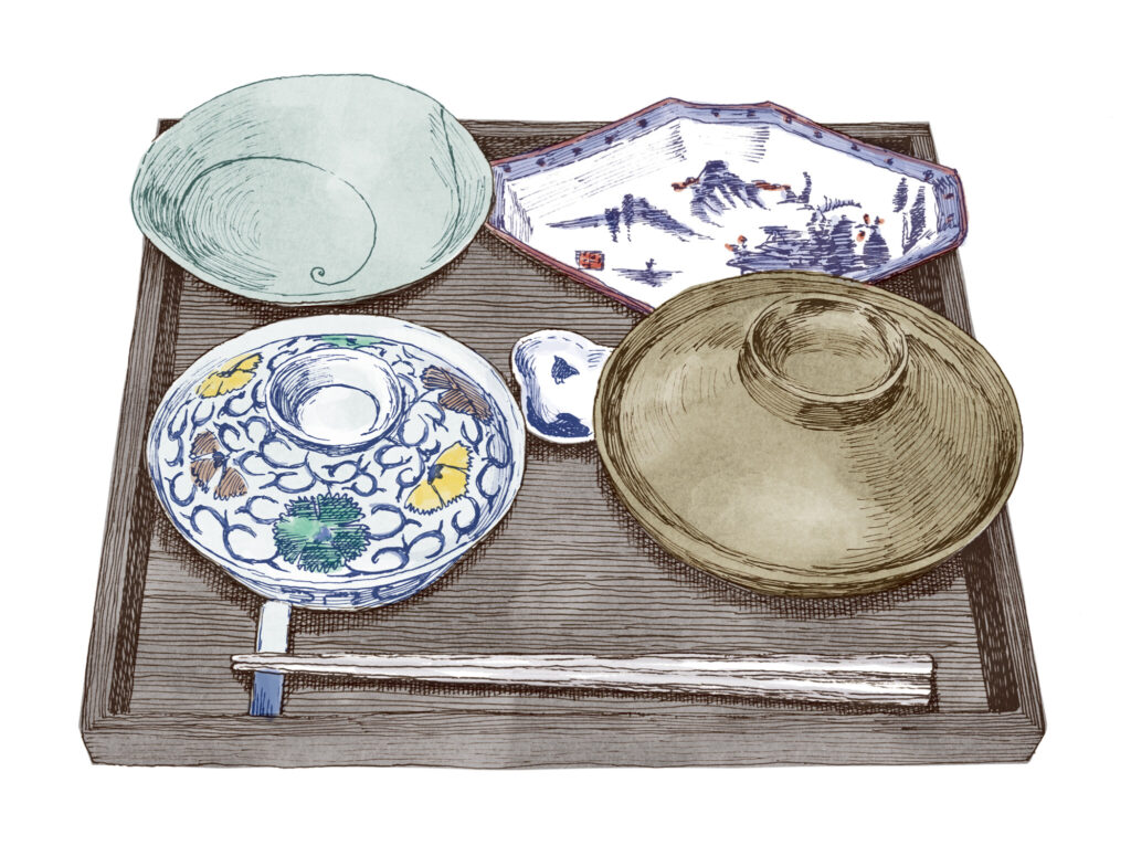 食空間コーディネーターの浜裕子さんが教えてくれた、テーブルセッティングの常識。蓋付食器の蓋は裏に返して、汁椀は折敷外の右側、飯碗は折敷外の左側に (茶懐石での扱いとは異なる) 。 | 蓋付食器の蓋は裏に返して、汁椀は折敷外の右側、飯碗は折敷外の左側に(茶懐石での扱いとは異なる)。 食空間コーディネーターの浜裕子さんが教えてくれた、テーブルセッティングの常識。蓋付食器の蓋は裏に返して、汁椀は折敷外の右側、飯碗は折敷外の左側に (茶懐石での扱いとは異なる) 。