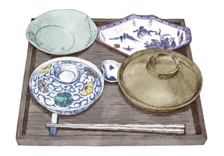 食空間コーディネーターの浜裕子さんが教えてくれた、テーブルセッティングの常識。蓋付食器の蓋は裏に返して、汁椀は折敷外の右側、飯碗は折敷外の左側に (茶懐石での扱いとは異なる) 。 | 蓋付食器の蓋は裏に返して、汁椀は折敷外の右側、飯碗は折敷外の左側に（茶懐石での扱いとは異なる）。