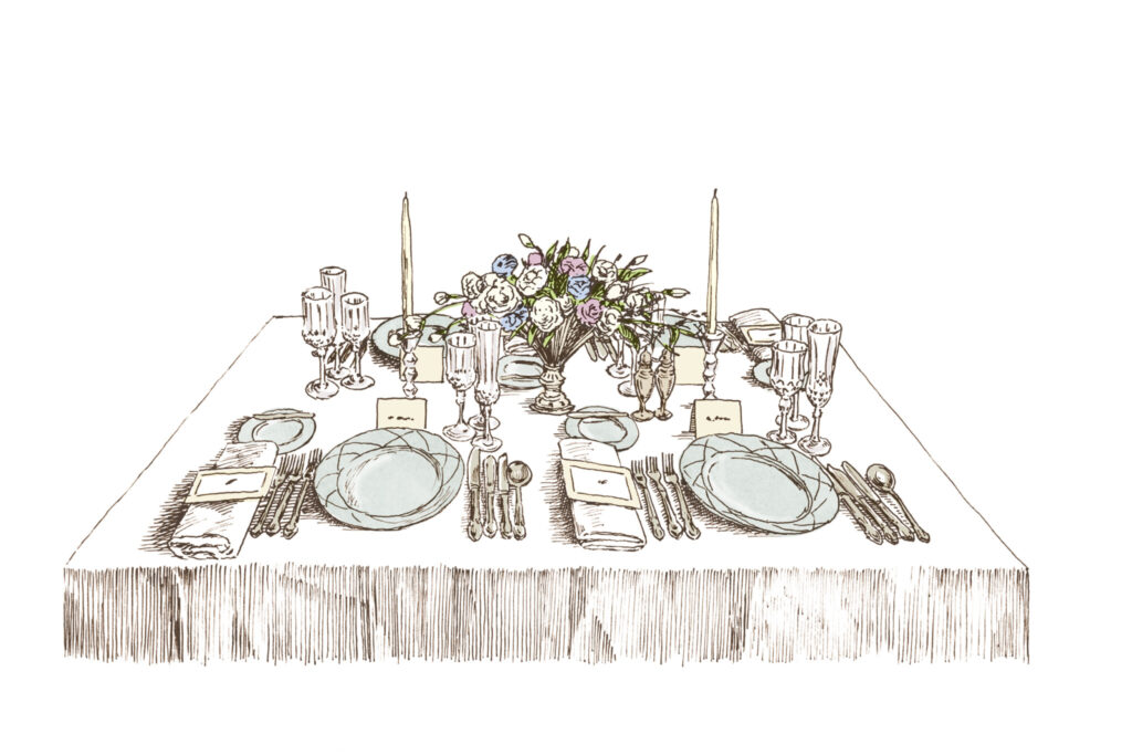 食空間コーディネーターの浜裕子さんが教えてくれた、テーブルセッティングの常識。センターピースの花の高さは25〜30㎝程度。左上の皿に置かれるパンは、メイン料理を食べ終わるまでに食す。 | センターピースの花の高さは25〜30㎝程度。左上の皿に置かれるパンは、メイン料理を食べ終わるまでに食す。 食空間コーディネーターの浜裕子さんが教えてくれた、テーブルセッティングの常識。センターピースの花の高さは25〜30㎝程度。左上の皿に置かれるパンは、メイン料理を食べ終わるまでに食す。