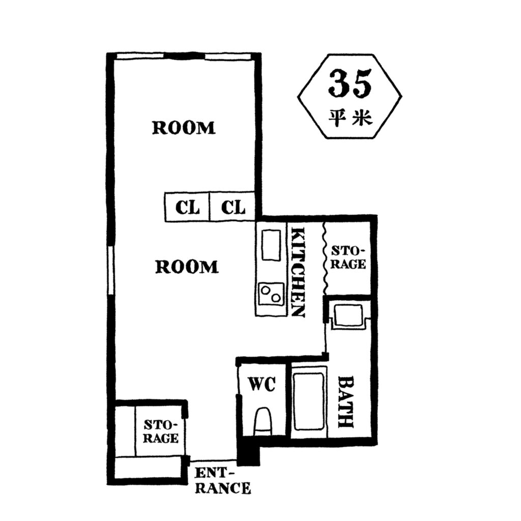 モノトーンを基調としたモダンなワンルームにDIYや家具で木の温もりをプラスして今の雰囲気に。洗面スペースには天窓が。