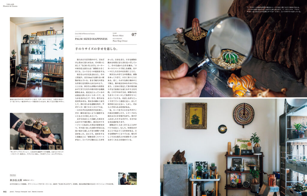 手のりサイズの植物がかわいらしく並ぶ、秋谷弘太郎さんの部屋。小さなサボテンの棘座の構造も、ルーペで見ると驚くほど立体的。