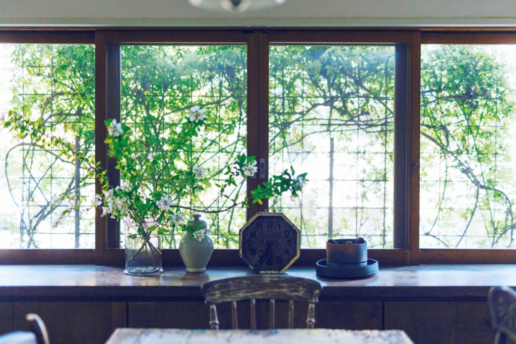食堂の窓辺の利休梅。窓の向こうではモッコウバラが若葉を繁らせる。
