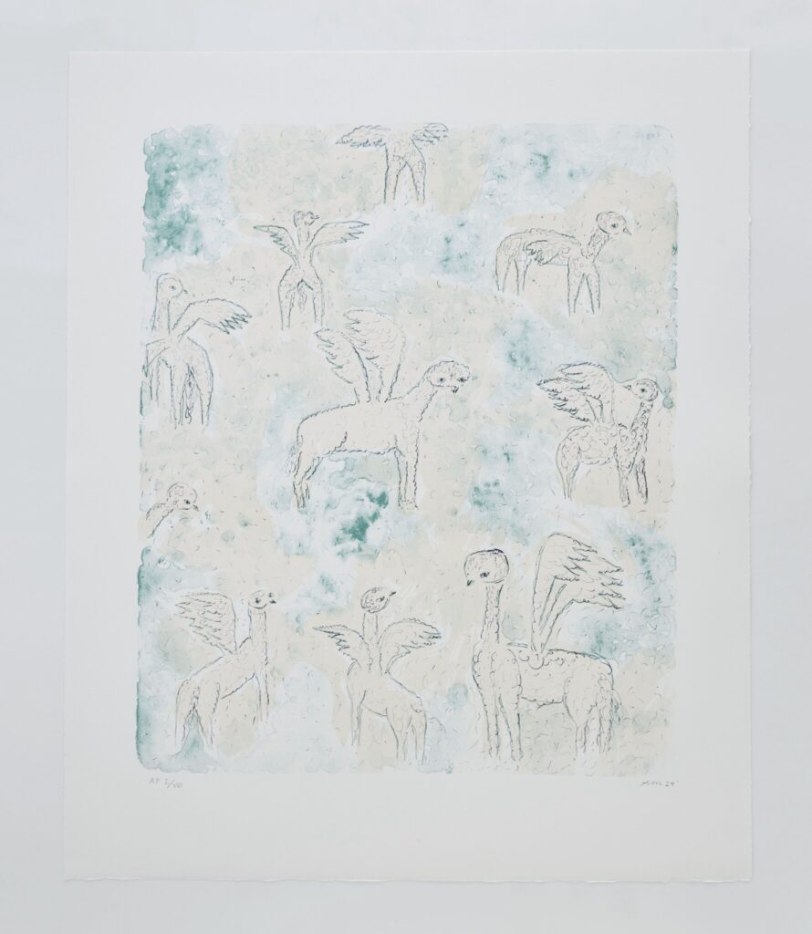 手と空想、その間で生まれた作品が揃う、皆川 明さんの個展「手と空」が京都のギャラリーで開催。 | 淡い色彩が美しい、リトグラフの作品《One day in Paradise》。