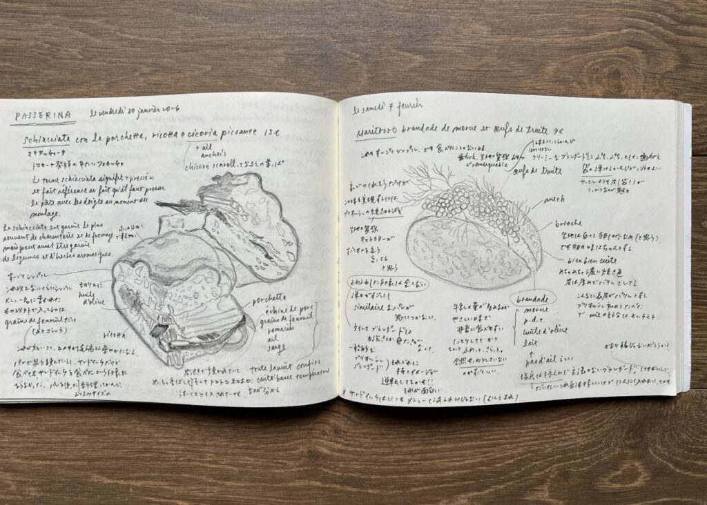 川村さんによるスケッチは毎度のことながら、圧巻です。ひとつひとつのコメントも読み応えがあるので、ぜひ画像をズームして、じっくり読んでみてください。川村明子 サンドイッチ