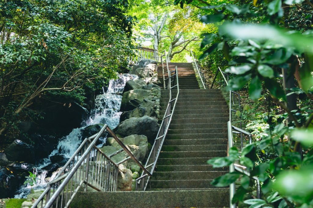 石川・金沢で、建築やアートを巡る旅。『石川県立美術館』の程近くにある、緑に包まれた石段『美術の小径』は、水と緑が豊かな街を象徴する気持ちのいい散策路。