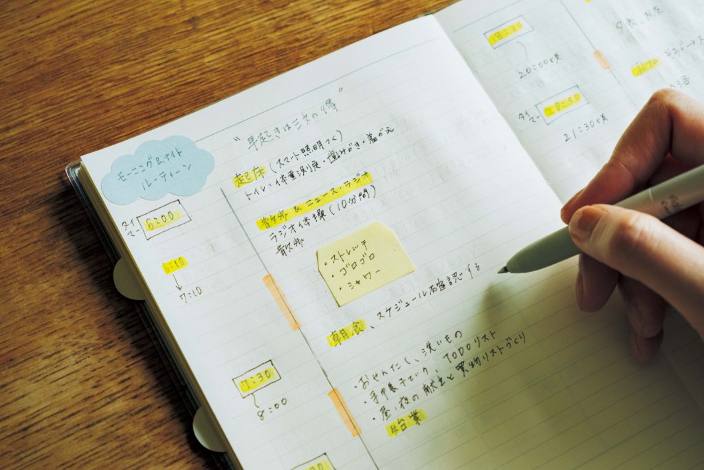朝晩のルーティンは最小10分単位でやることを書き出し、明確に予定にしている。「以前は夜中まで起きていることもありましたが、ある種強制的に規則正しい生活に切り替え、心身が安定しました」