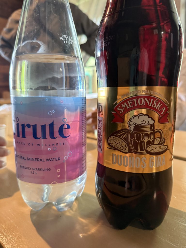 塩が入っている炭酸水とリトアニアの伝統的な発酵飲料「ギラ」。 | 左は塩が入っている炭酸水、右は黒パンやフルーツなどを発酵させ、砂糖やハチミツを加えて作った伝統的な発酵飲料「ギラ」。